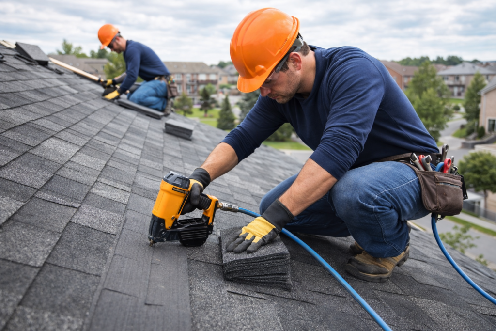 Roofing in Brampton: two roofers installing asphalt shingles on a residential roof