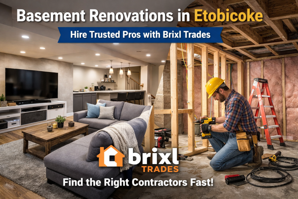 ="Basement renovations in Etobicoke showing a finished modern basement living room beside an active renovation workspace with a contractor using tools, promoted by Brixl Trades.